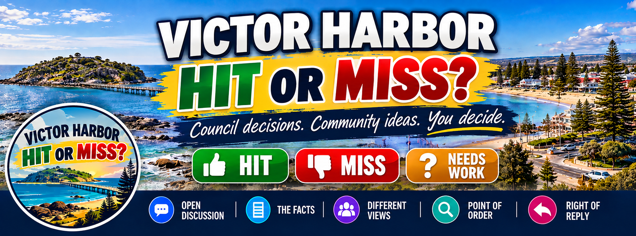 Victor Harbor — Hit or Miss? Community information branding, featuring the Victor Harbor coastline.